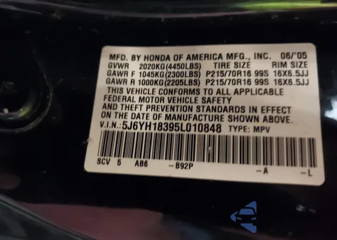 2005 Honda Element Lx z USA, uszkodzony, nr VIN 5J6YH18395L010848